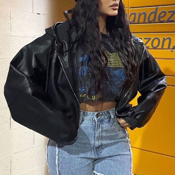 Fashion Nova Hooded Faux Leather Jacket M - Picture 2 of 8